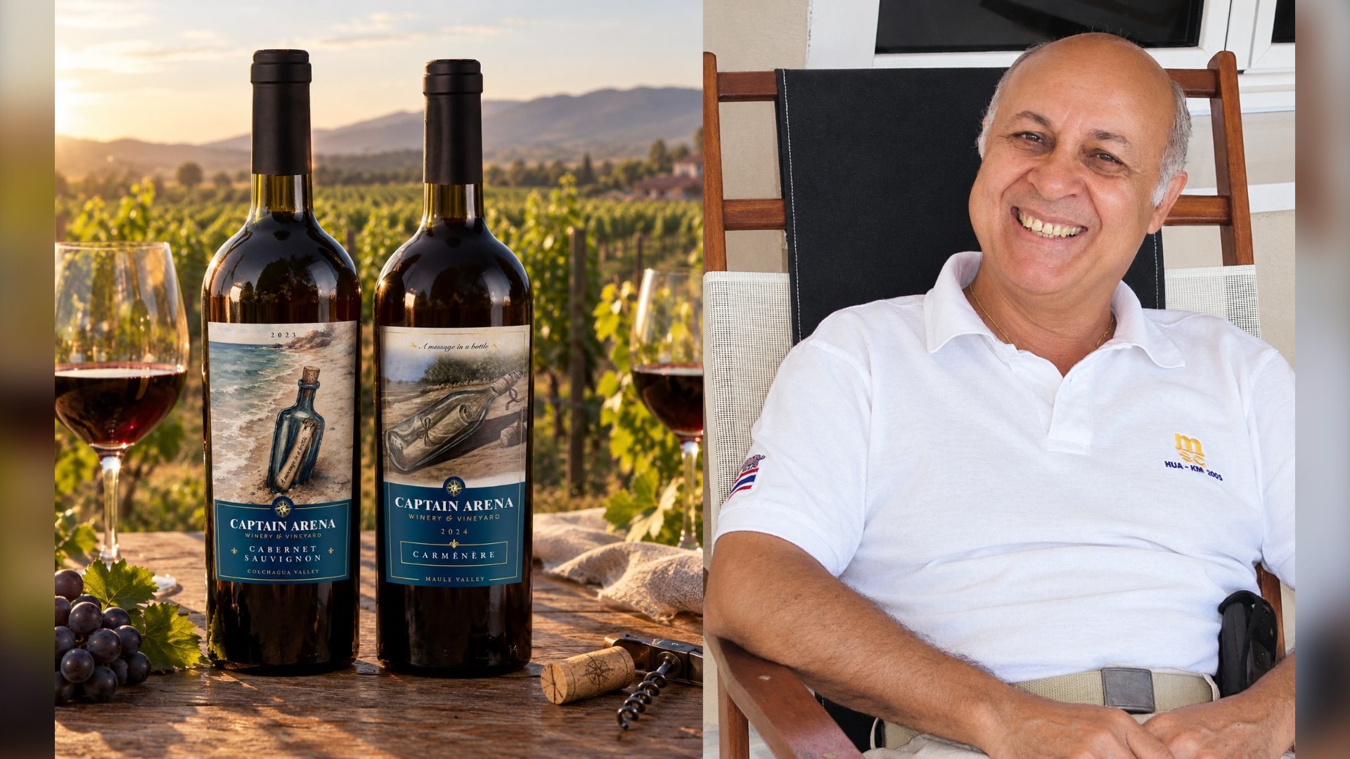 Don Nicola Arena junto a las botellas de vino Captain Arena Cabernet Sauvignon y Carménère